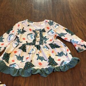 Cute Holiday Dino Themed Dress with Ruffle Hem and Matching Pants